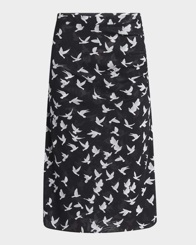 Mesh Flying Bird Haze Ruched Midi Skirt